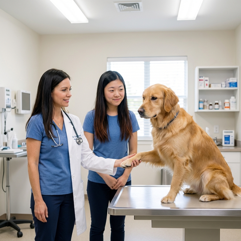 A real photograph of a veterinarian gently examining a dog's front paw in a bright clinic exam room while the owner stands nearby
