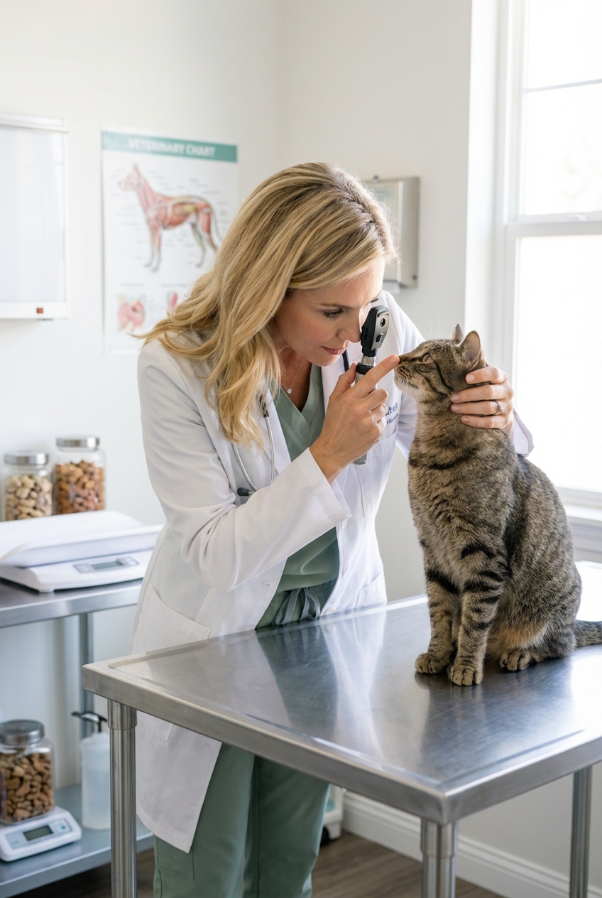 A real photograph of a veterinarian gently examining a cat’s eyes and nose in a well-lit exam room