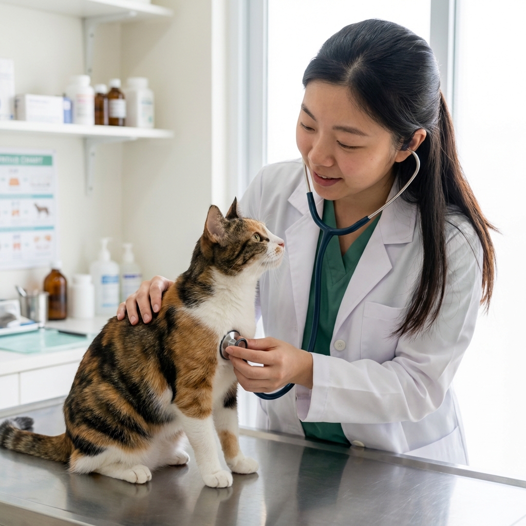 A real photograph of a veterinarian gently examining a cat on an exam table in a clinic room