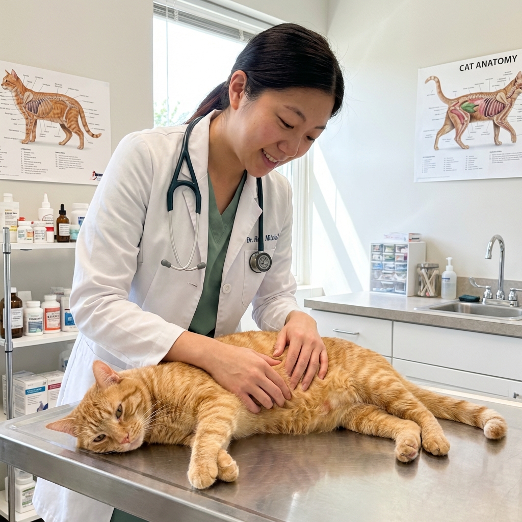 A real photograph of a veterinarian gently examining a calm cat on an exam table in a bright clinic room