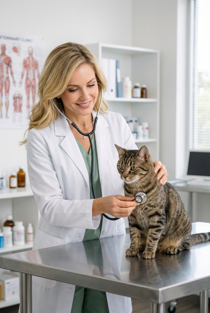 A real photograph of a veterinarian gently examining a cat on an exam table in a clinic