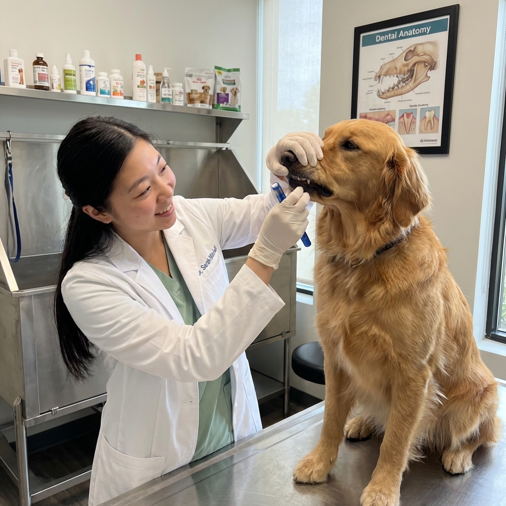 A real photograph of a veterinarian gently examining a dog’s mouth in a clinic exam room