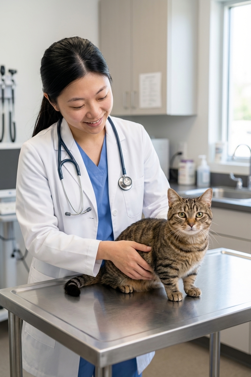 A real photograph of a veterinarian gently examining a Munchkin cat on a stainless steel exam table in a bright clinic room, the cat calm and alert