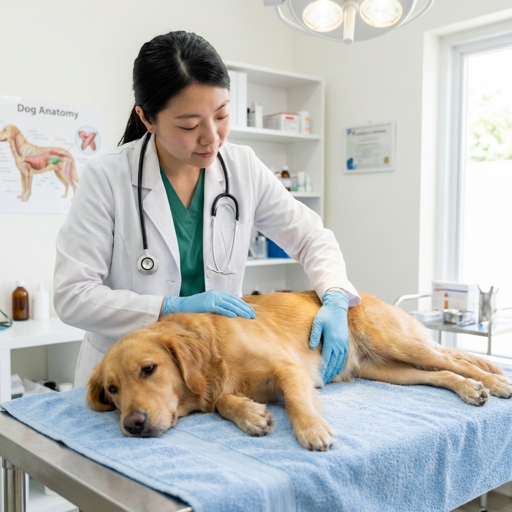 A real photograph of a veterinarian gently examining a sick dog on an exam table in a bright veterinary clinic room, with the dog looking tired and the vet wearing gloves
