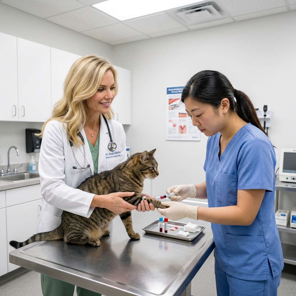 A real photograph of a veterinarian gently holding a cat’s paw while a veterinary technician prepares a small blood sample on a clinic table