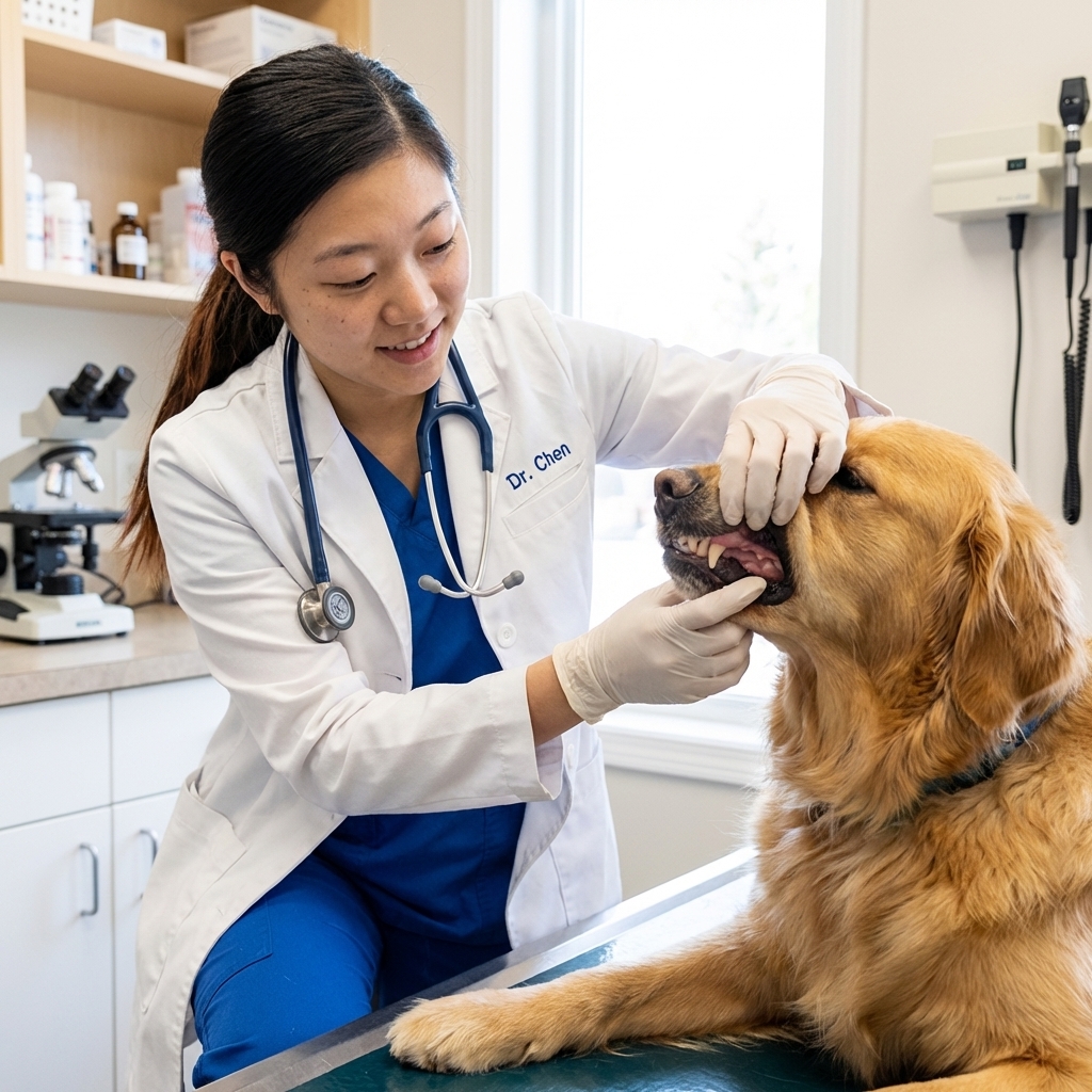 A real photograph of a veterinarian gently lifting a dog’s lip to check gum color during a health exam in a clinic setting