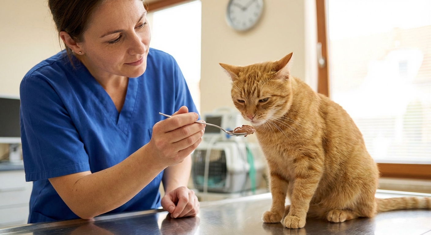 A real photograph of a veterinarian gently offering a small spoonful of wet food to a calm cat on a clinic exam table, soft clinical lighting, candid moment