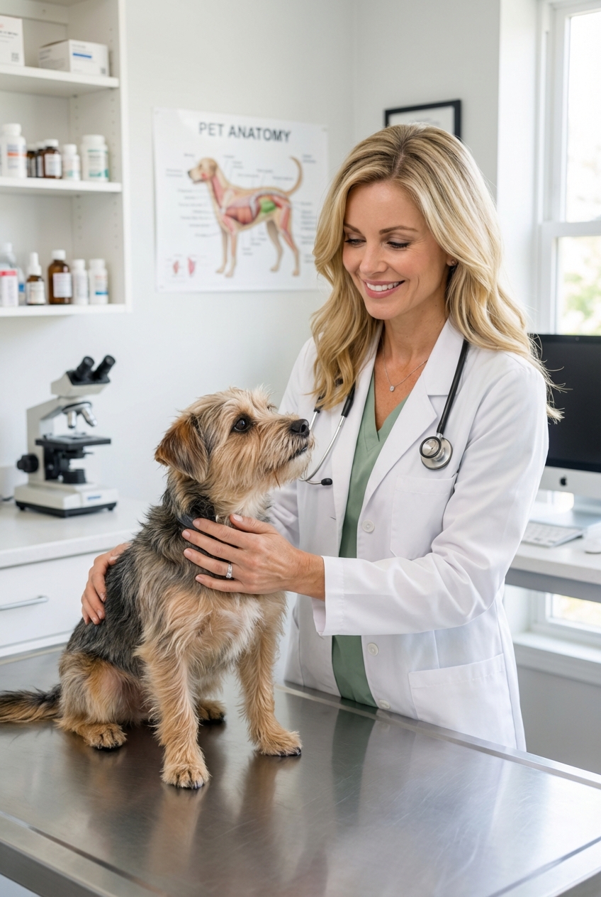 A real photograph of a veterinarian holding a small dog gently on an exam table in a clinic room