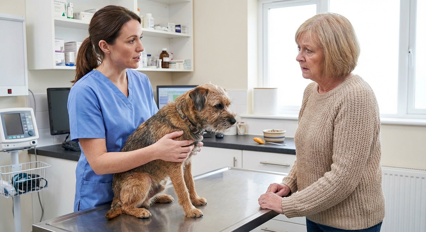 A real photograph of a veterinarian holding a small dog on an exam table while speaking with the dog owner in a clinic room