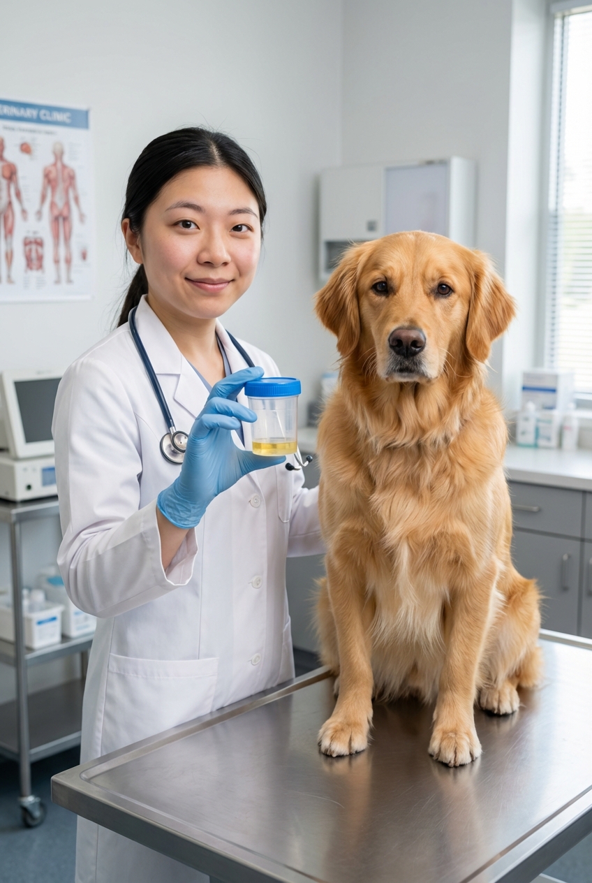 A real photograph of a veterinarian holding a sterile urine sample container next to a dog on an exam table