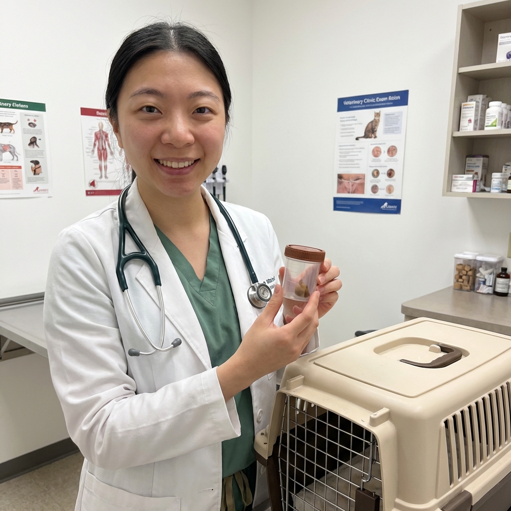 A real photograph of a veterinarian holding a stool sample container beside a cat carrier in a clinic exam room