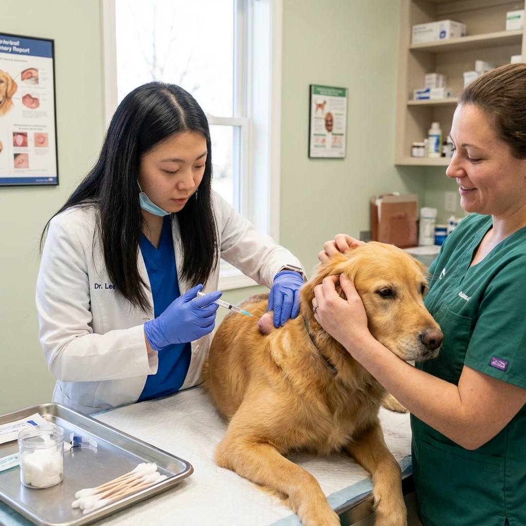 A real photograph of a veterinarian holding a syringe and performing a fine needle aspirate on a small lump under a dog’s skin while a technician gently comforts the dog, clinical setting, natural colors, photorealistic