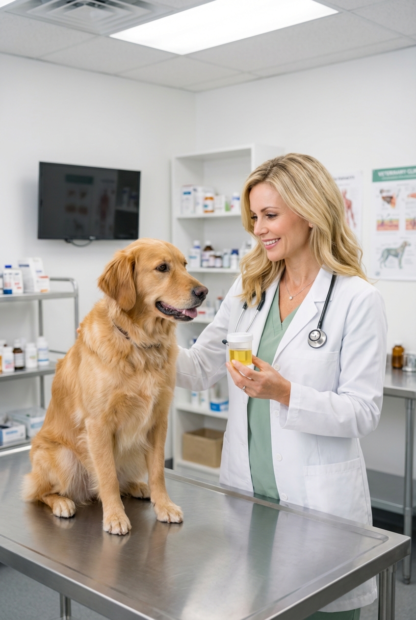 A real photograph of a veterinarian holding a urine sample container next to a dog on an exam table in a well-lit clinic room