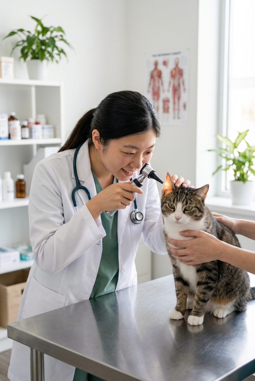 A real photograph of a veterinarian holding an otoscope while examining a cat’s ear in a clinic room