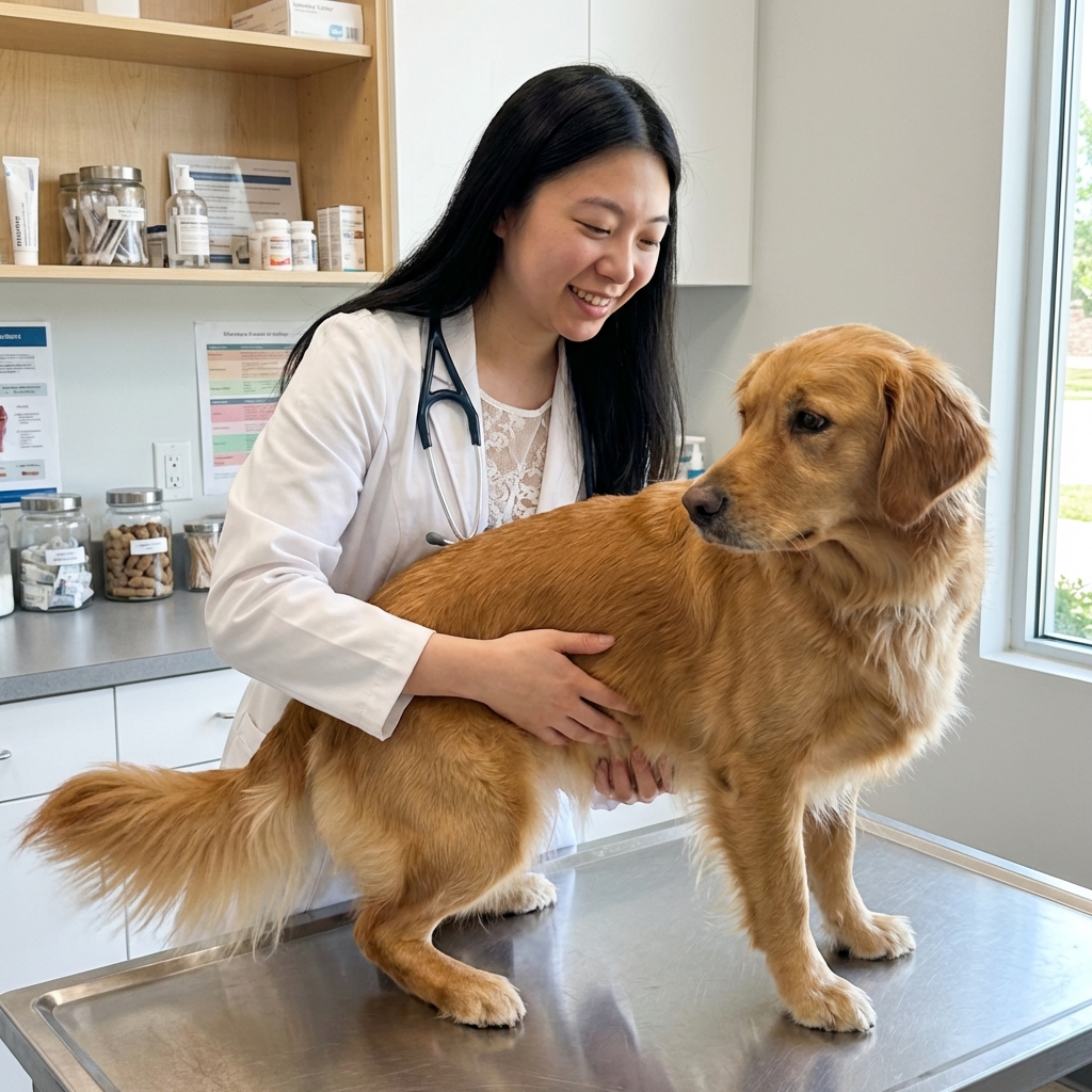 A real photograph of a veterinarian in a clinic gently examining a medium-sized female dog on an exam table