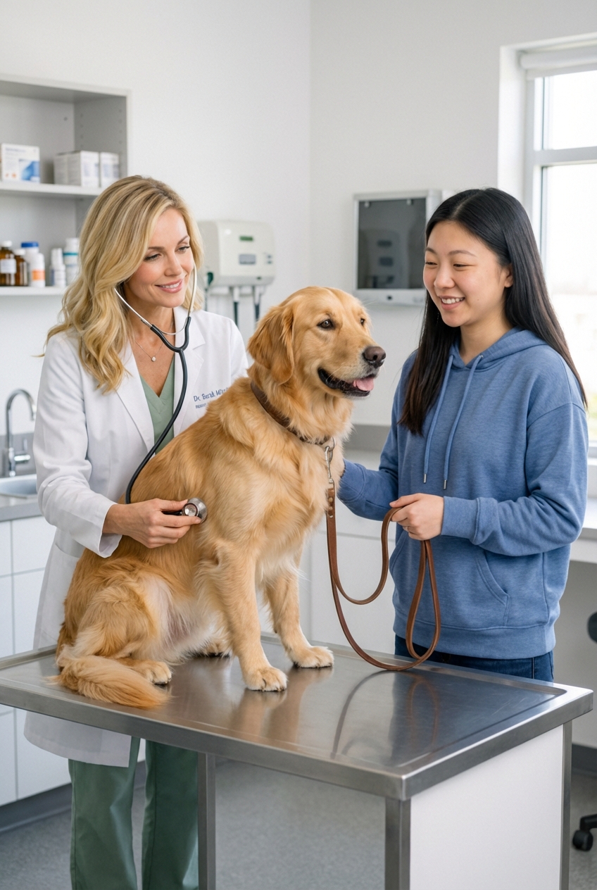 A real photograph of a veterinarian in a clinic gently examining a dog while a pet owner holds a leash
