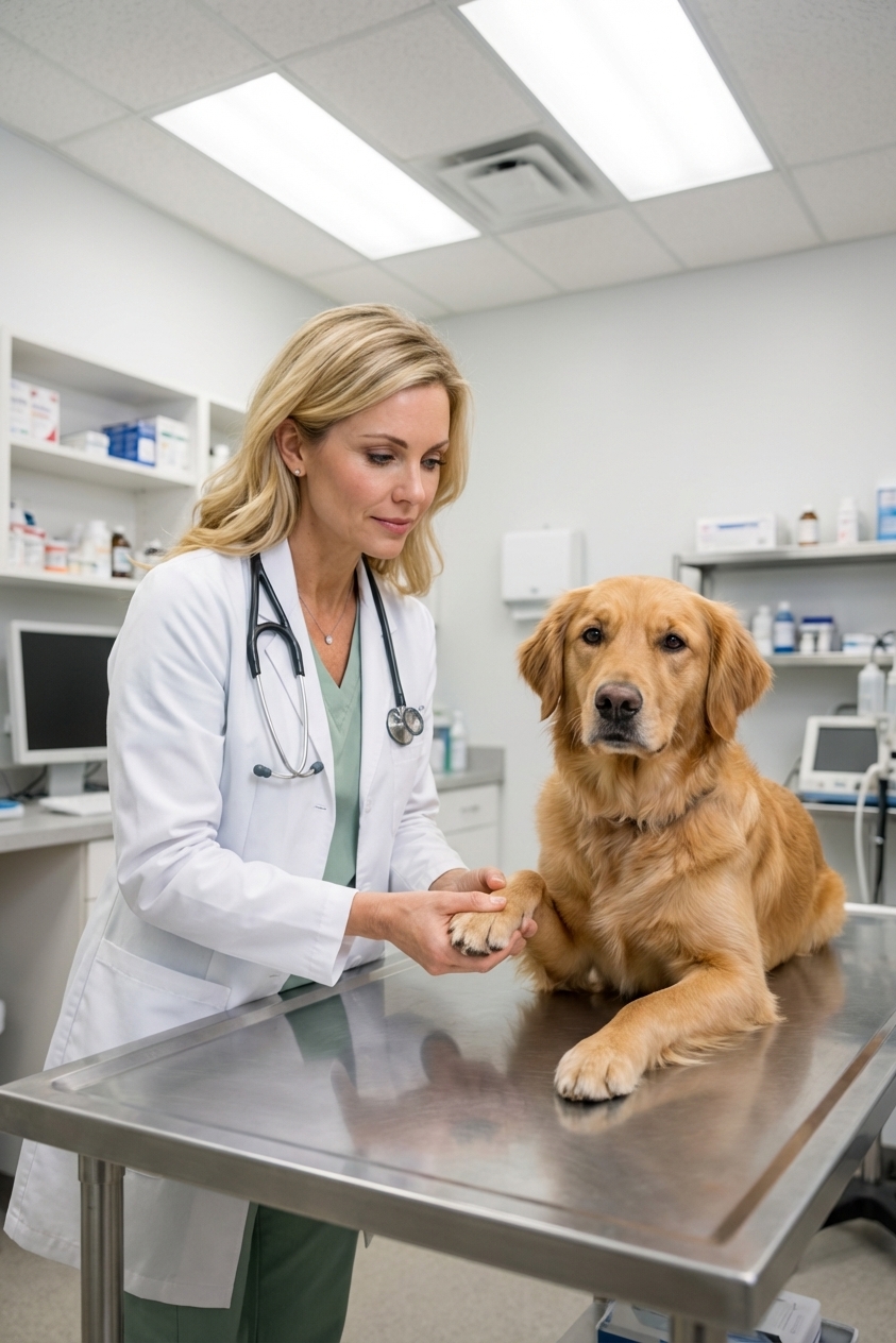 A real photograph of a veterinarian in a clinic gently examining a dog’s paw on an exam table while the dog looks calm, bright clinical lighting, realistic documentary style