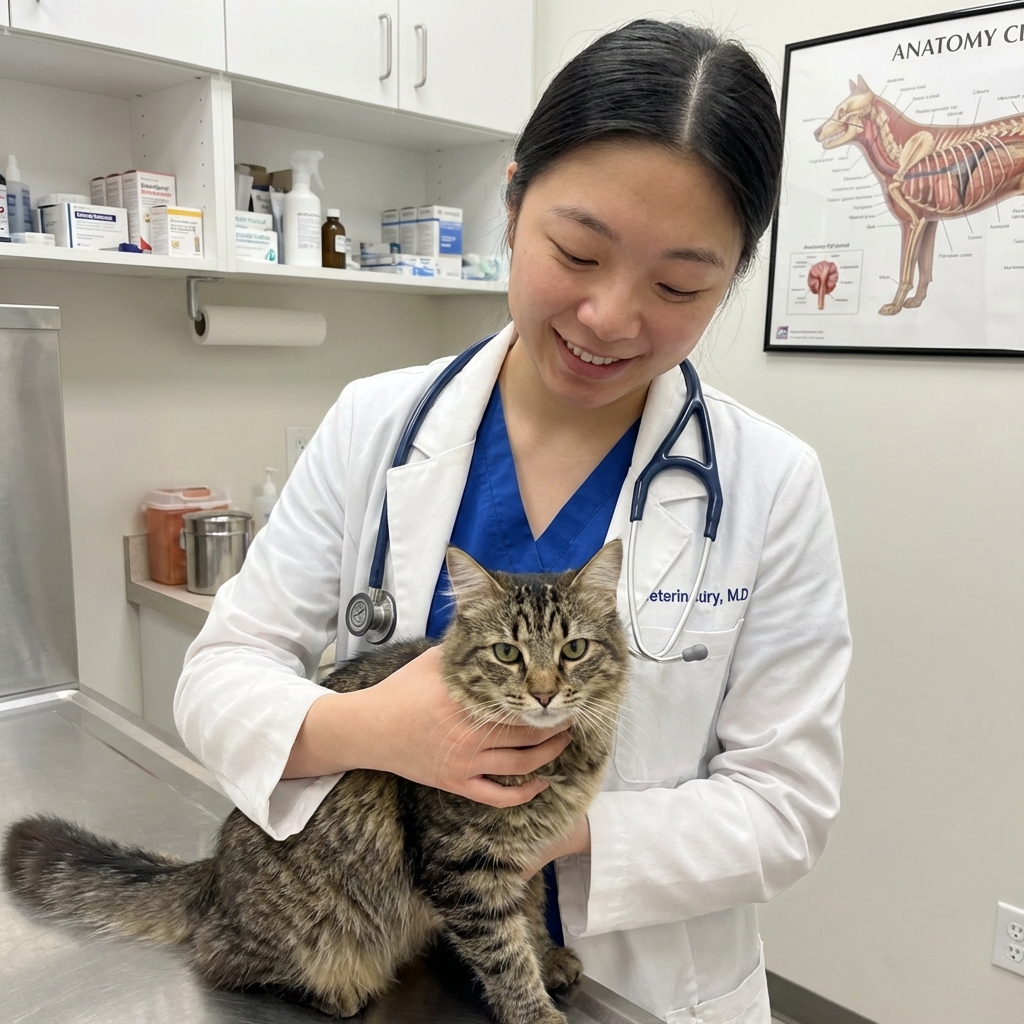 A real photograph of a veterinarian in a clinic holding a cat gently while preparing for an exam