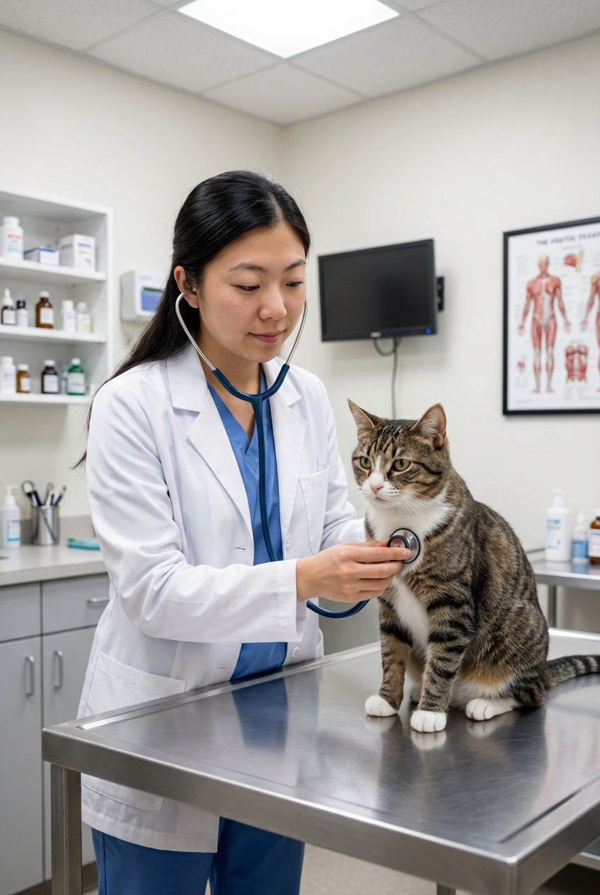 A real photograph of a veterinarian listening to a cat's chest with a stethoscope in a clinic exam room