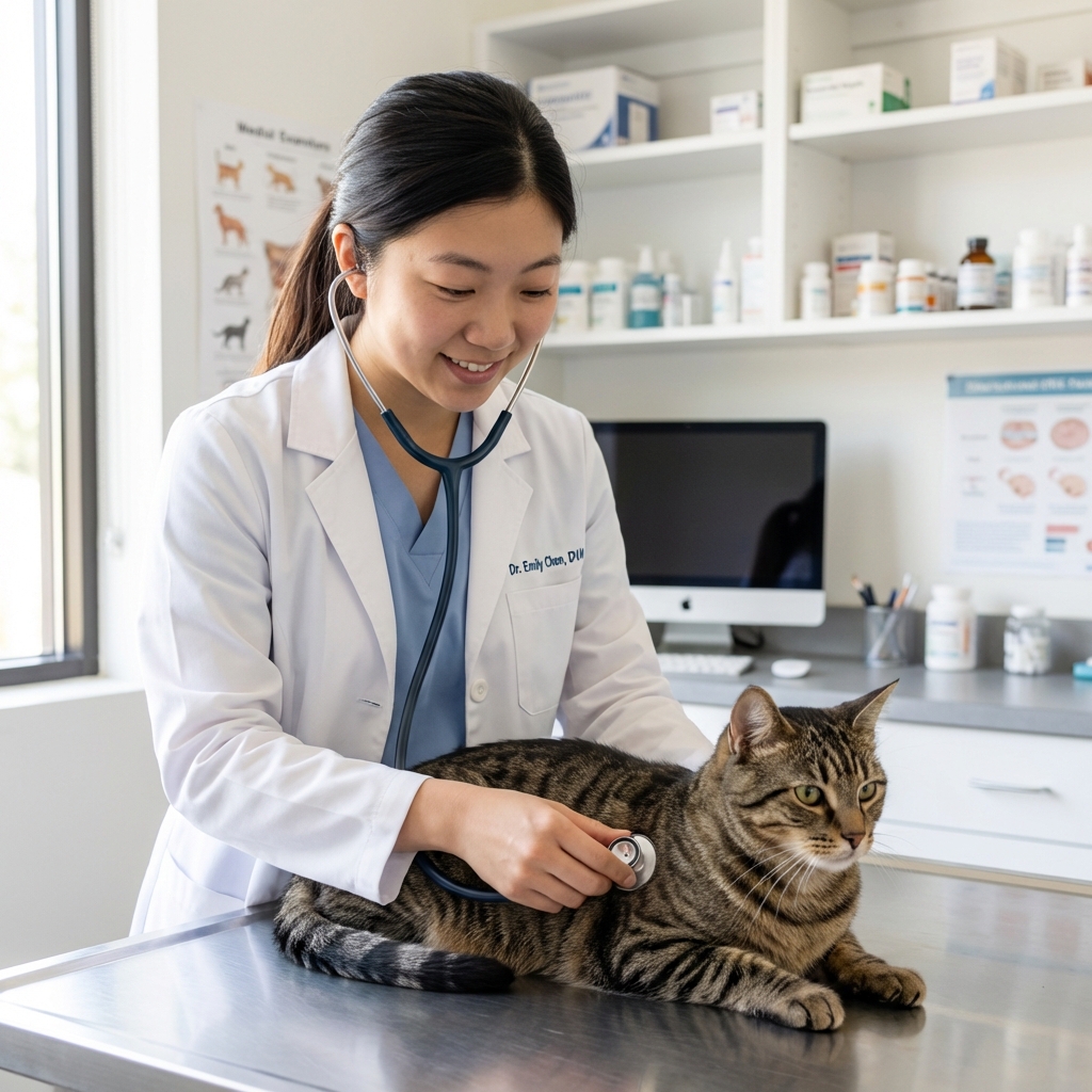 A real photograph of a veterinarian listening to a cat's chest with a stethoscope in a clinic exam room