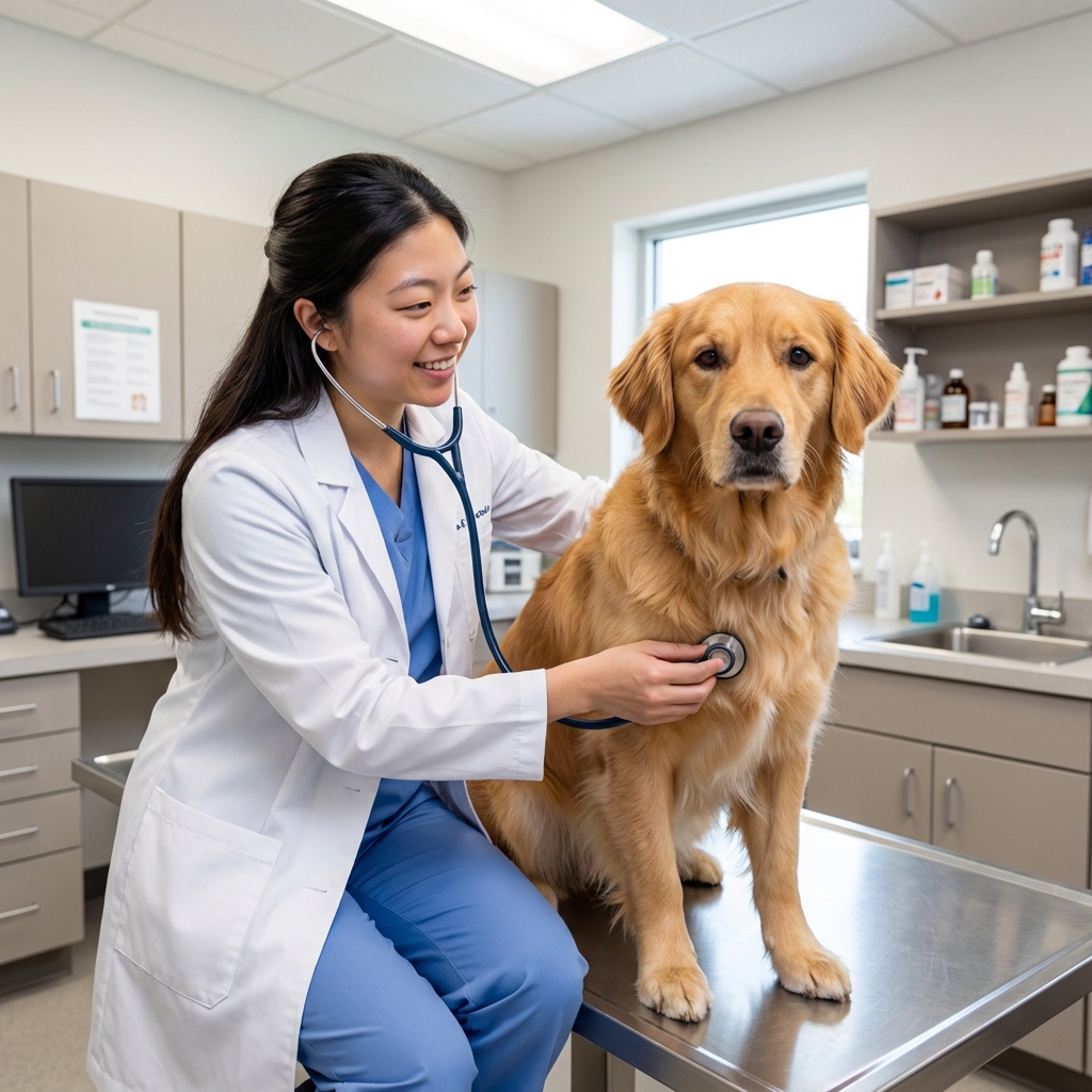 A real photograph of a veterinarian listening to a dog’s chest with a stethoscope in an exam room