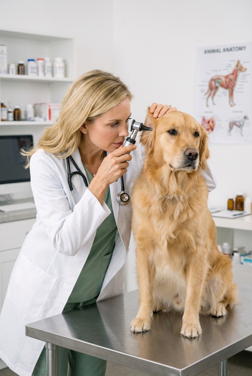 A real photograph of a veterinarian looking through an otoscope while examining a calm dog on an exam table