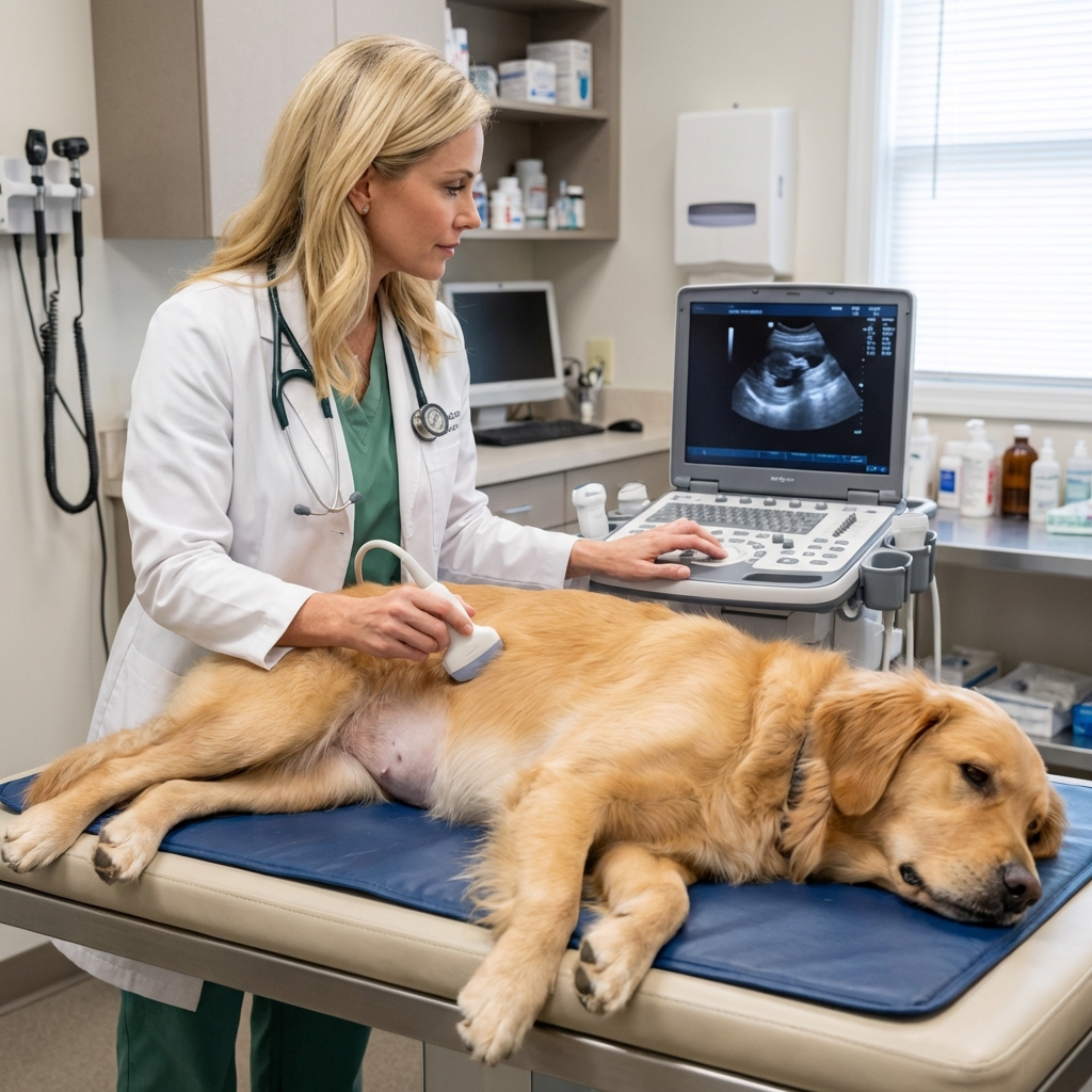 A real photograph of a veterinarian performing an ultrasound exam on a calm dog lying on a padded table