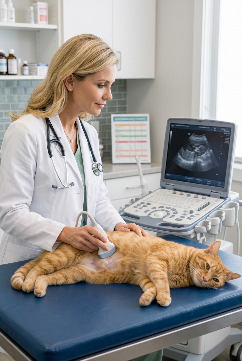 A real photograph of a veterinarian performing an abdominal ultrasound on a calm cat lying on a padded exam table