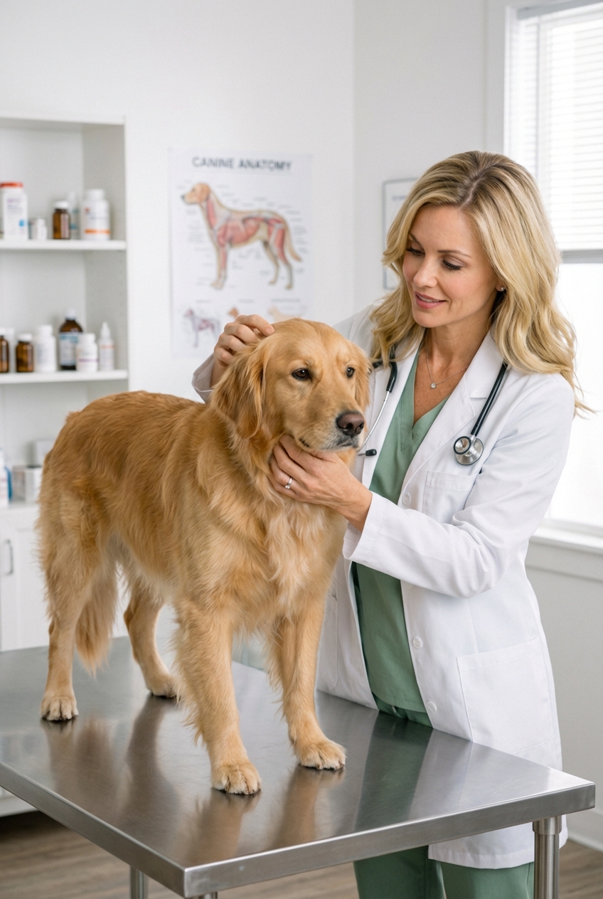 A real photograph of a veterinarian technician gently checking a dog's coat while the dog stands calmly on an exam table