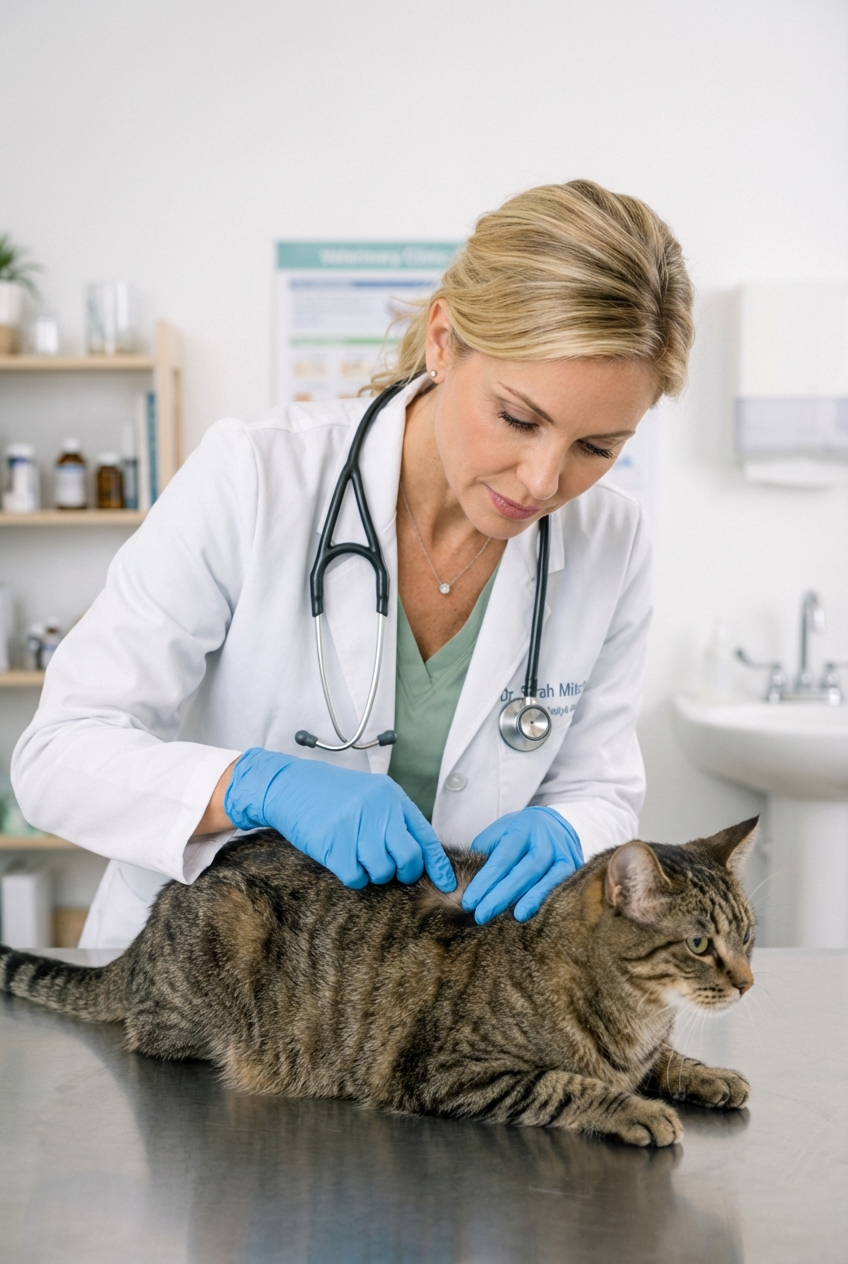 A real photograph of a veterinarian wearing gloves examining a cat’s skin and coat on an exam table