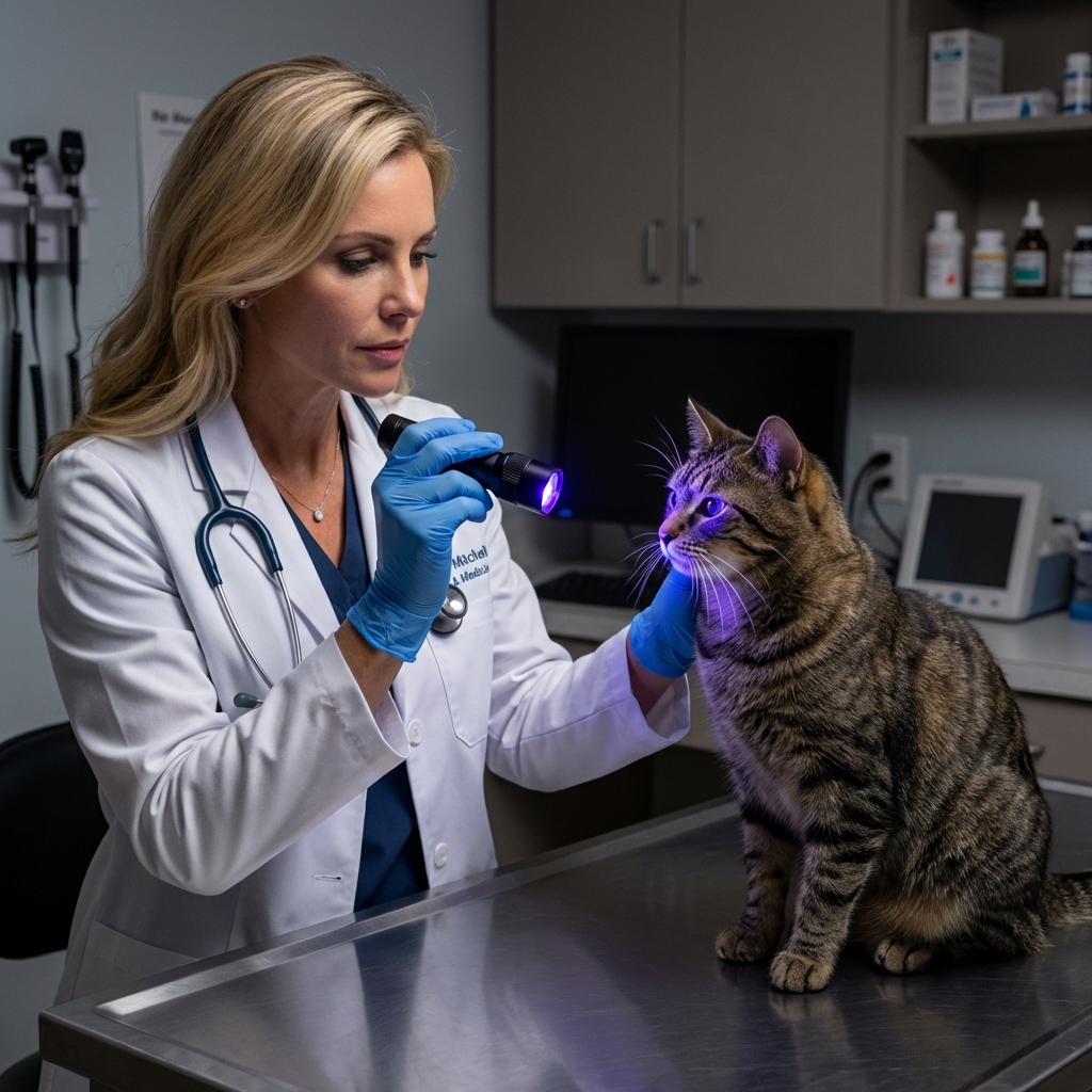 A real photograph of a veterinarian wearing gloves using a small handheld UV light near a cat’s face in an exam room