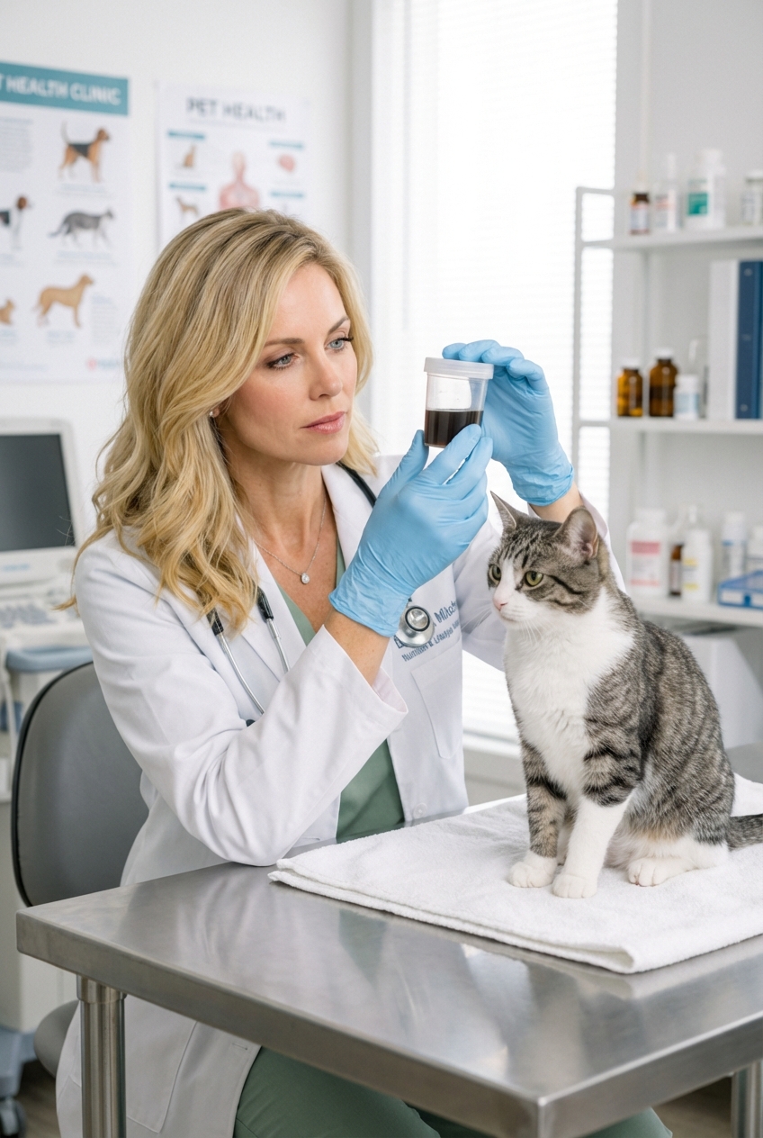 A real photograph of a veterinarian wearing gloves examining a sample cup while a cat sits calmly on an exam table