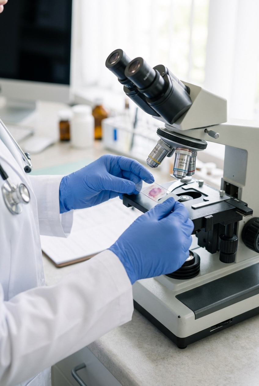 A real photograph of a veterinarian’s hands holding a microscope slide near a clinic microscope