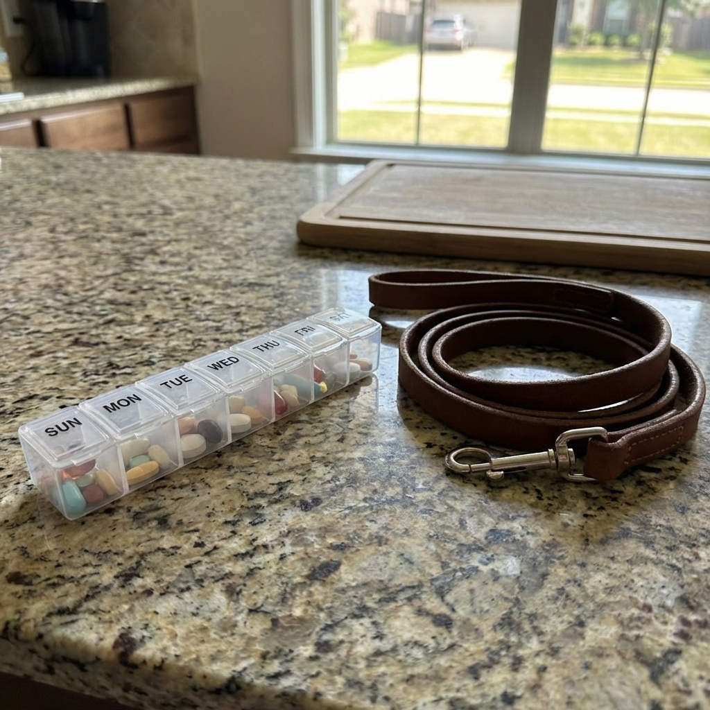 A real photograph of a weekly pill organizer on a kitchen counter beside a dog leash