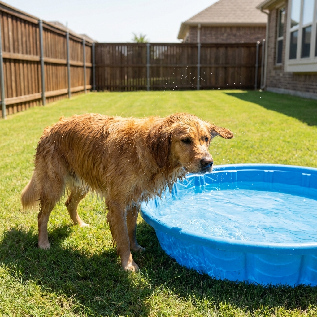 A real photograph of a wet dog standing next to a backyard kiddie pool on a sunny day