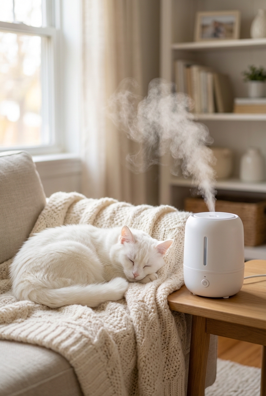 A real photograph of a white cat resting on a soft blanket next to a small cool-mist humidifier in a living room
