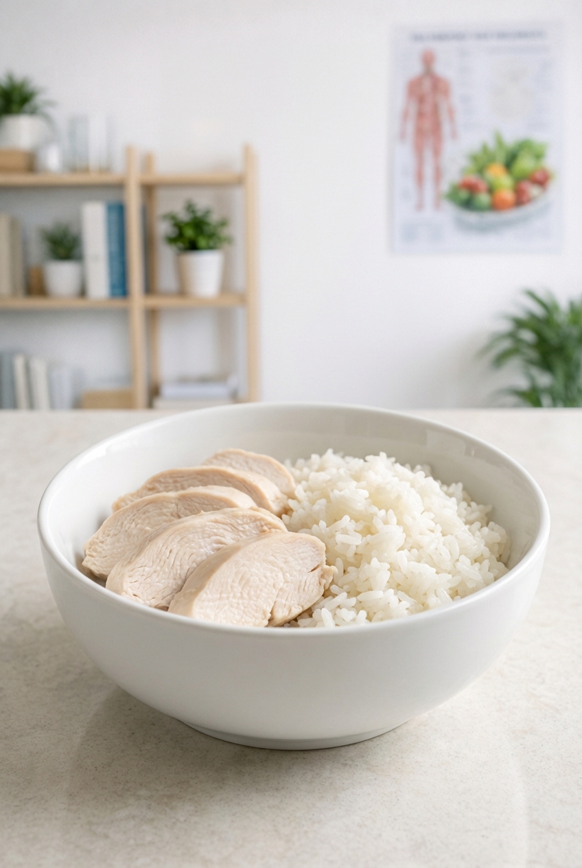 A real photograph of a white ceramic bowl filled with plain boiled chicken and white rice on a kitchen counter