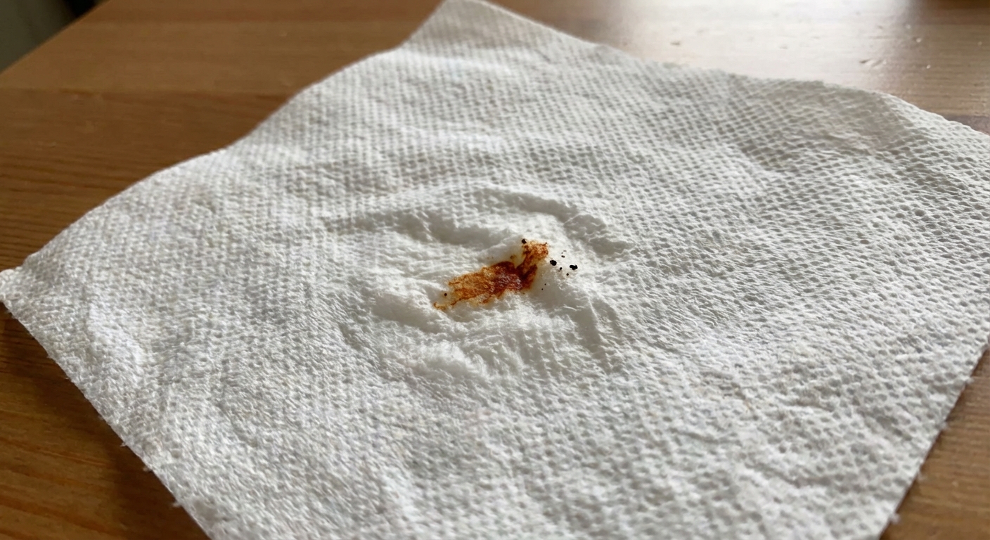 A real photograph of a white paper towel with a small wet spot and a reddish-brown smear from flea dirt