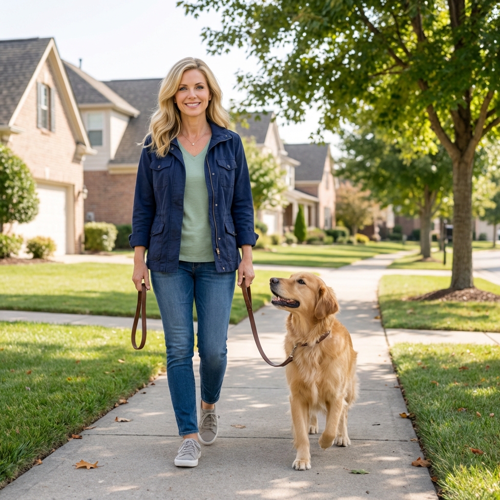 A real photograph of a woman gently walking a leashed female dog on a quiet neighborhood sidewalk