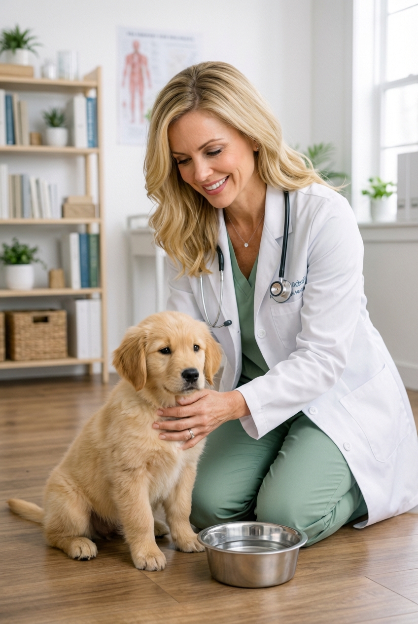 A real photograph of a young puppy sitting beside a water bowl while an owner gently holds the puppy