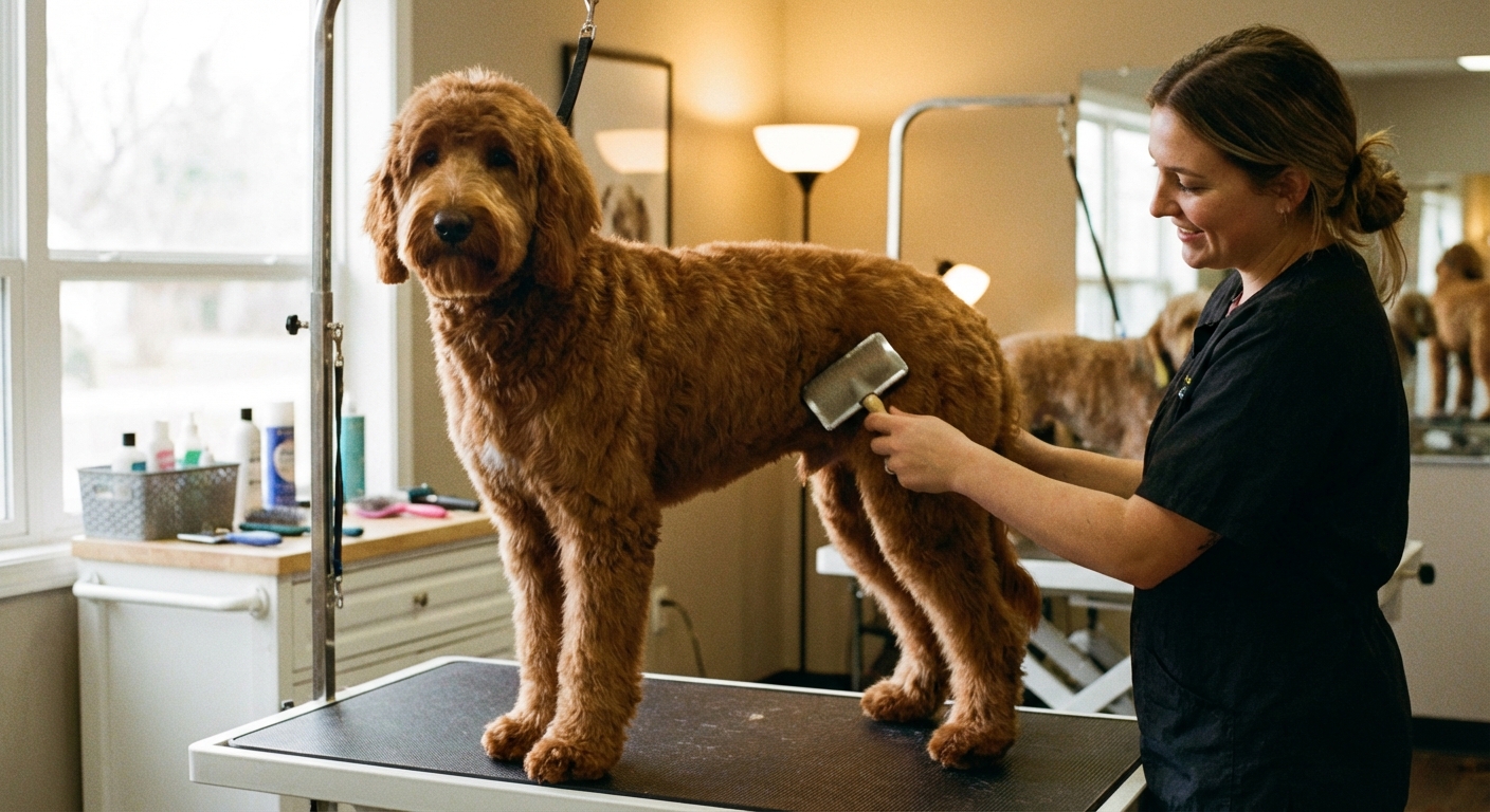 A real photograph of an Irish Doodle standing on a grooming table while a groomer gently brushes the dog’s wavy coat, indoor grooming salon setting with soft lighting