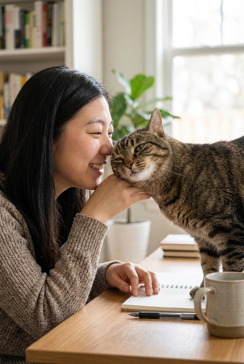 A real photograph of an adult cat rubbing her cheek against a person’s hand indoors
