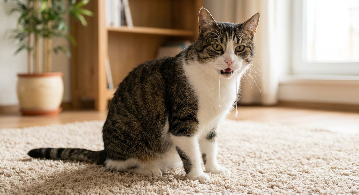 A real photograph of an adult cat sitting at home with its mouth slightly open and drool visible on the chin