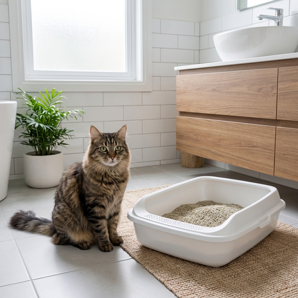 A real photograph of an adult cat sitting beside a clean litter box in a bright bathroom