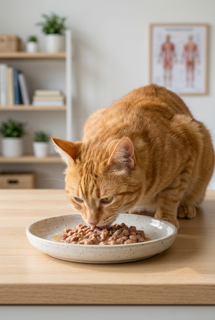 A real photograph of an adult orange cat calmly eating wet food from a shallow ceramic dish