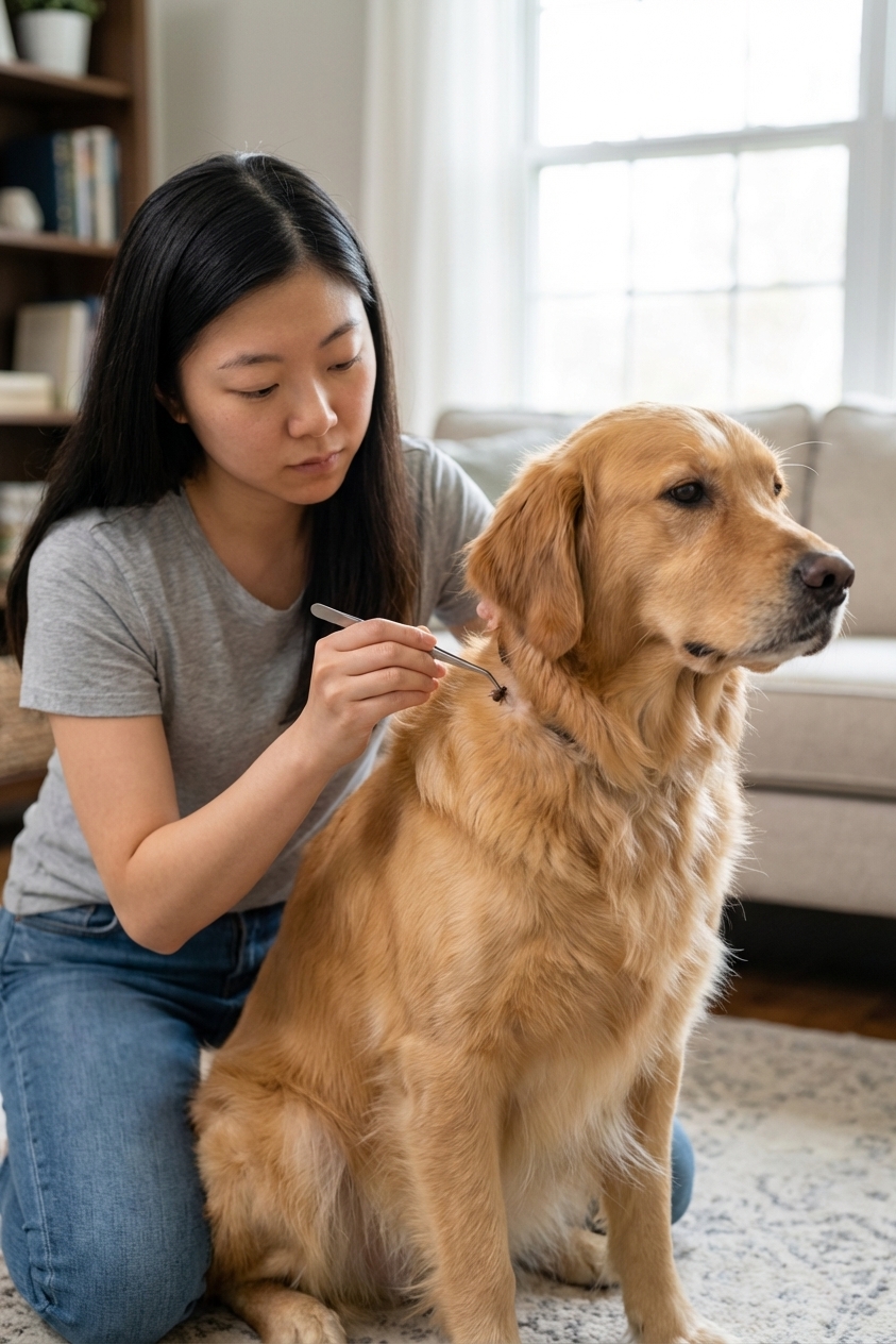A real photograph of an adult pet owner using fine-tipped tweezers to remove a tick from a dog’s fur near the neck, with careful hands and the dog sitting calmly indoors
