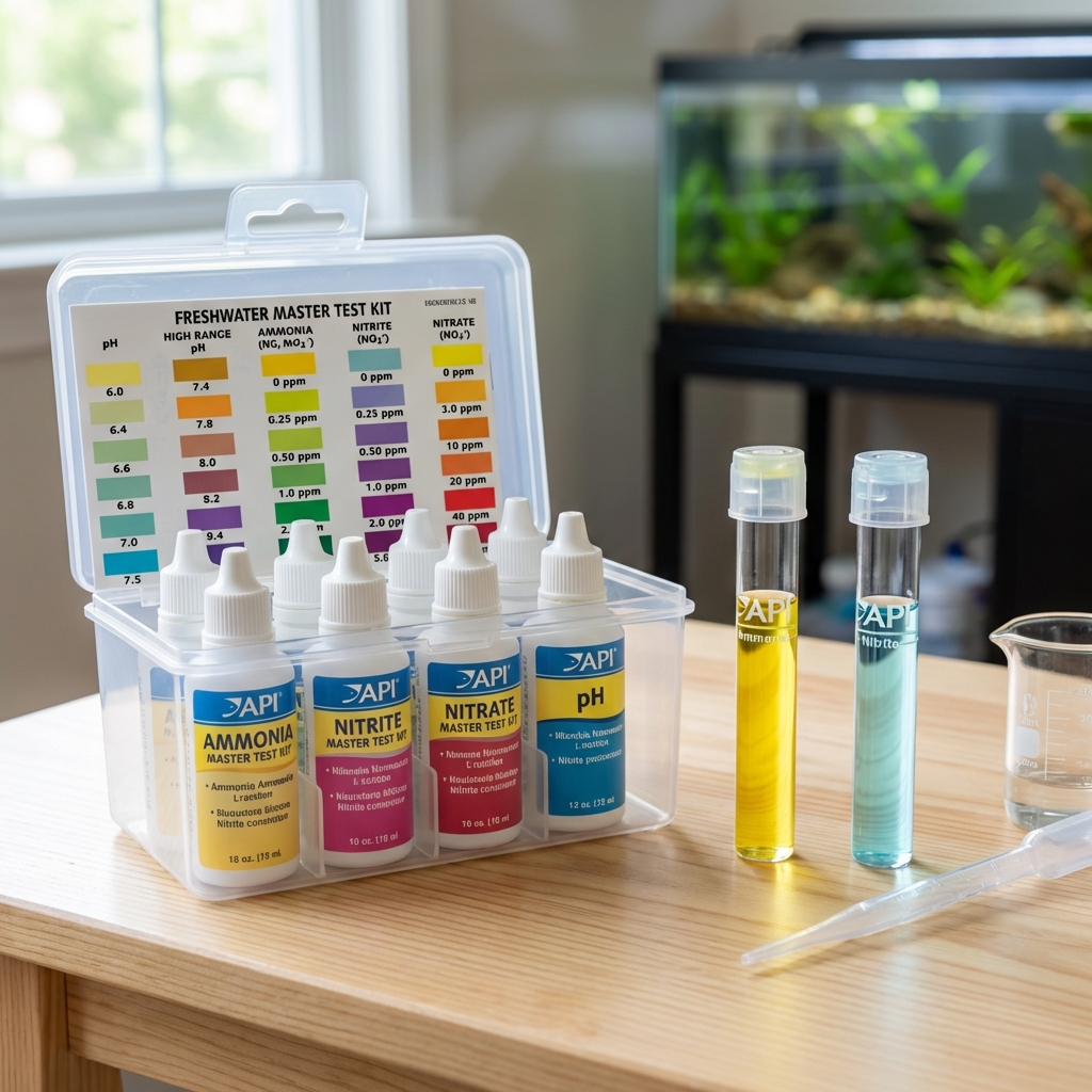 A real photograph of an aquarium test kit next to vials of water showing ammonia and nitrite color results