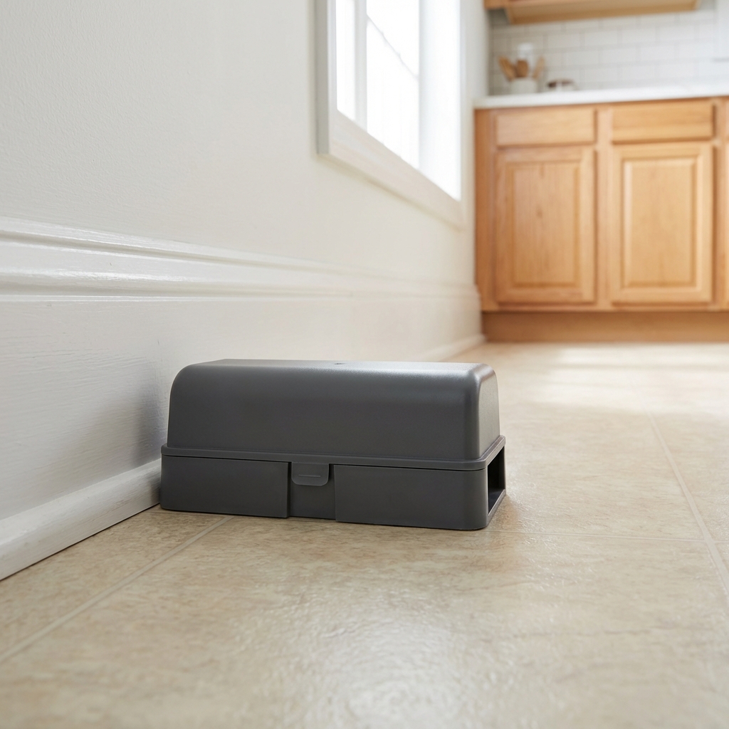 A real photograph of an enclosed mouse trap placed along a baseboard in a kitchen