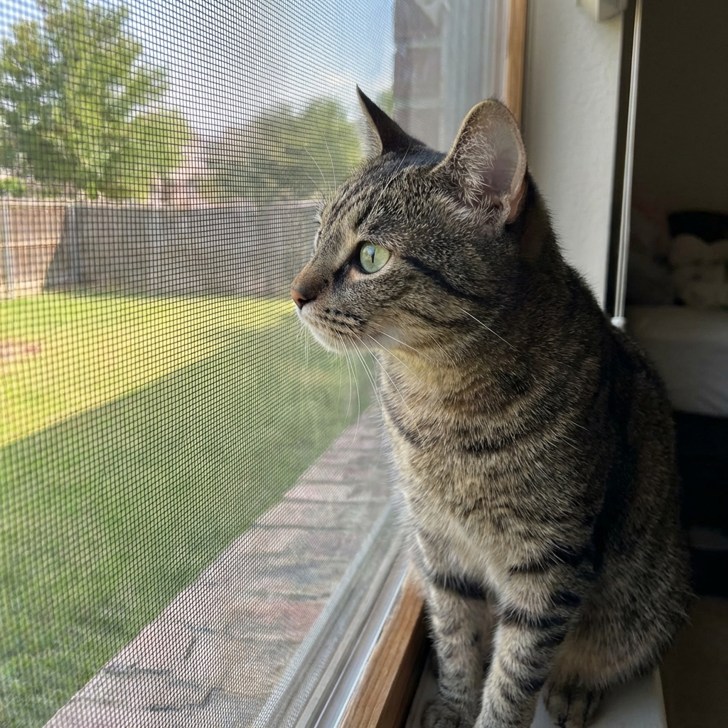 A real photograph of an indoor cat looking out through a window screen