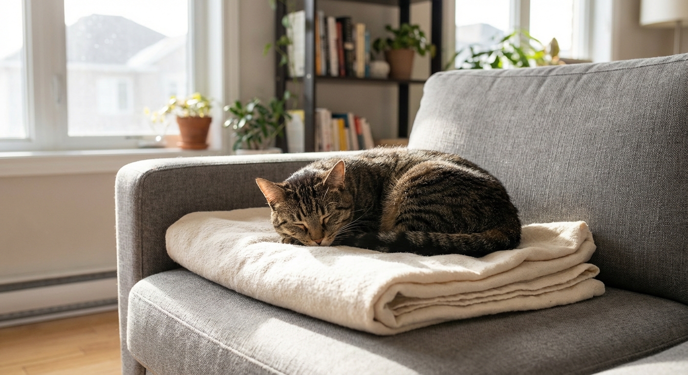 A real photograph of an indoor cat resting on a freshly washed blanket on a sofa in a bright living room